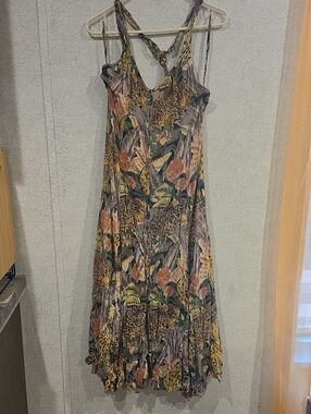 Sleeveless Maxi Dress with Floral & Leopard Print - Green/Peach